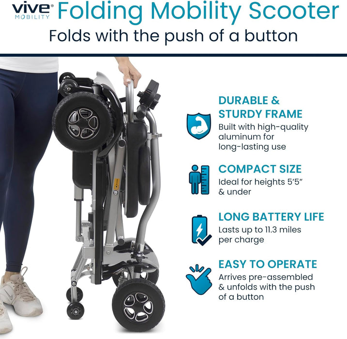 Vive Health Auto Folding Lightweight 4 Wheel Mobility Scooter | 220 lbs Capacity | 11.3 Mile Range | 3.7 MPH Speed